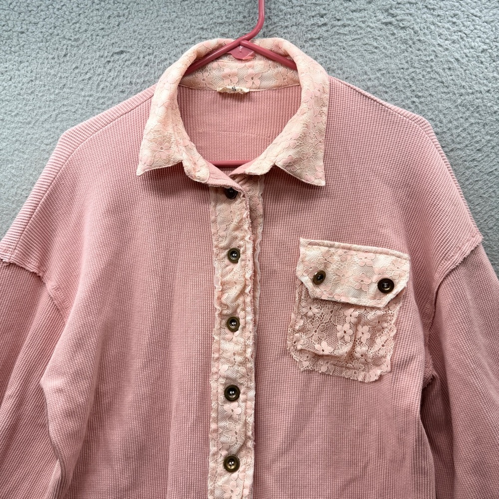POL Patchwork Lace Dusty Pink Button Up Shirt Top Floral Oversized Boho Size S - Picture 6 of 13